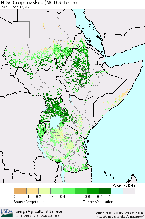 Eastern Africa NDVI Crop-masked (MODIS-Terra) Thematic Map For 9/11/2021 - 9/20/2021