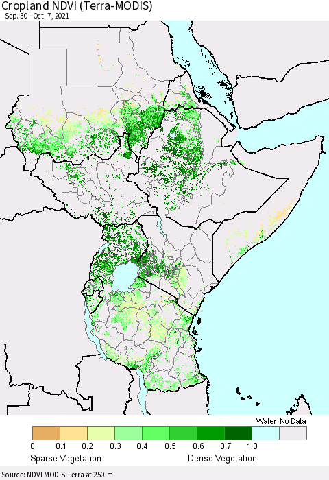 Eastern Africa Cropland NDVI (Terra-MODIS) Thematic Map For 9/30/2021 - 10/7/2021