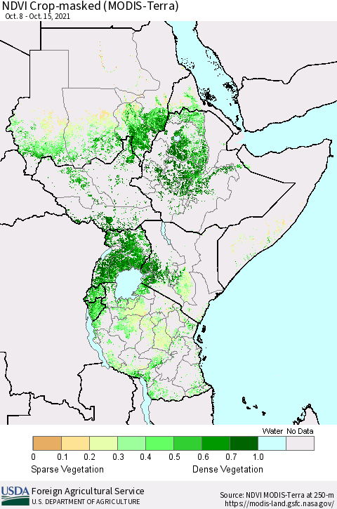 Eastern Africa Cropland NDVI (Terra-MODIS) Thematic Map For 10/11/2021 - 10/20/2021