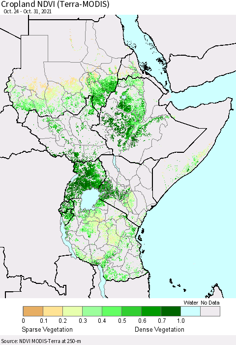 Eastern Africa Cropland NDVI (Terra-MODIS) Thematic Map For 10/21/2021 - 10/31/2021