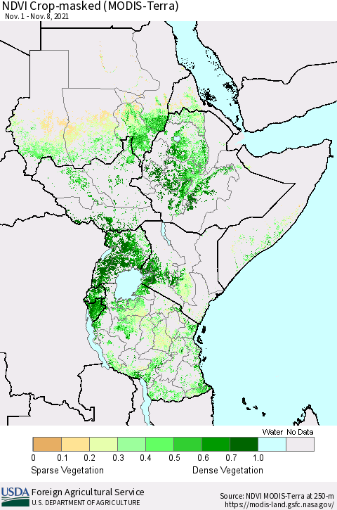 Eastern Africa NDVI Crop-masked (MODIS-Terra) Thematic Map For 11/1/2021 - 11/10/2021