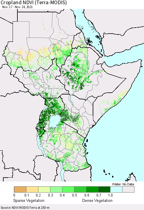 Eastern Africa Cropland NDVI (Terra-MODIS) Thematic Map For 11/17/2021 - 11/24/2021