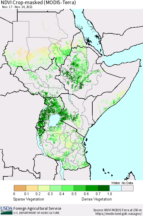 Eastern Africa NDVI Crop-masked (MODIS-Terra) Thematic Map For 11/21/2021 - 11/30/2021