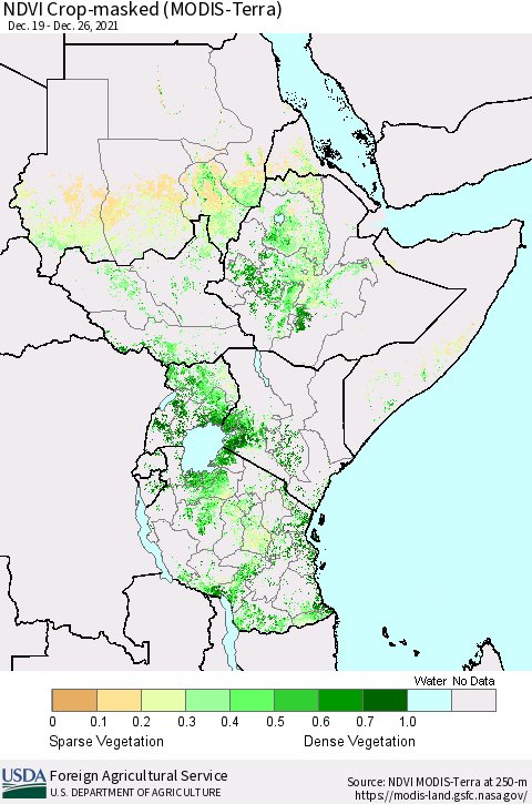 Eastern Africa NDVI Crop-masked (MODIS-Terra) Thematic Map For 12/21/2021 - 12/31/2021