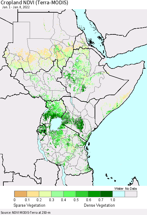 Eastern Africa Cropland NDVI (Terra-MODIS) Thematic Map For 1/1/2022 - 1/8/2022