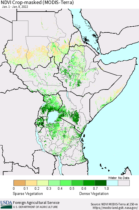 Eastern Africa Cropland NDVI (Terra-MODIS) Thematic Map For 1/1/2022 - 1/10/2022