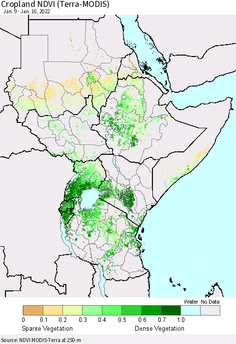 Eastern Africa Cropland NDVI (Terra-MODIS) Thematic Map For 1/9/2022 - 1/16/2022