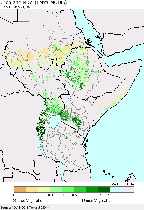 Eastern Africa Cropland NDVI (Terra-MODIS) Thematic Map For 1/17/2022 - 1/24/2022