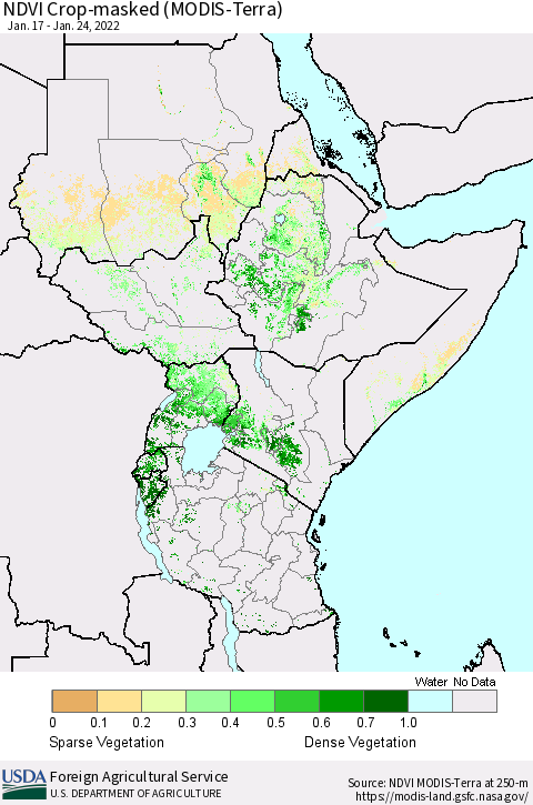 Eastern Africa Cropland NDVI (Terra-MODIS) Thematic Map For 1/21/2022 - 1/31/2022