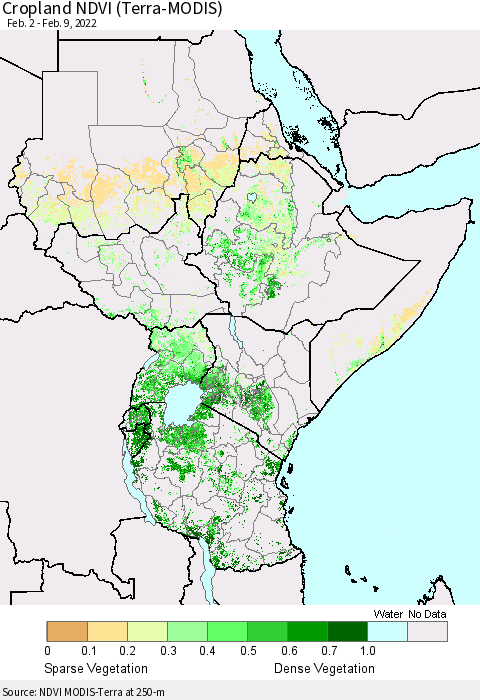 Eastern Africa Cropland NDVI (Terra-MODIS) Thematic Map For 2/2/2022 - 2/9/2022