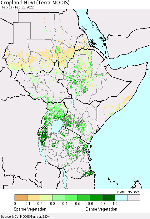 Eastern Africa Cropland NDVI (Terra-MODIS) Thematic Map For 2/18/2022 - 2/25/2022