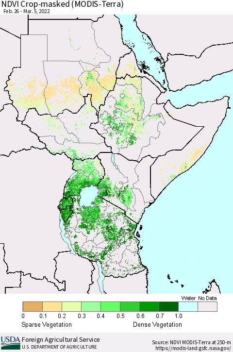 Eastern Africa Cropland NDVI (Terra-MODIS) Thematic Map For 3/1/2022 - 3/10/2022