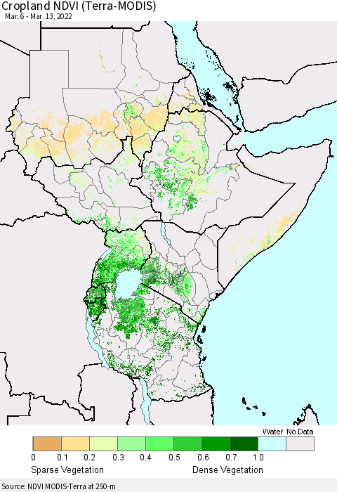 Eastern Africa Cropland NDVI (Terra-MODIS) Thematic Map For 3/6/2022 - 3/13/2022