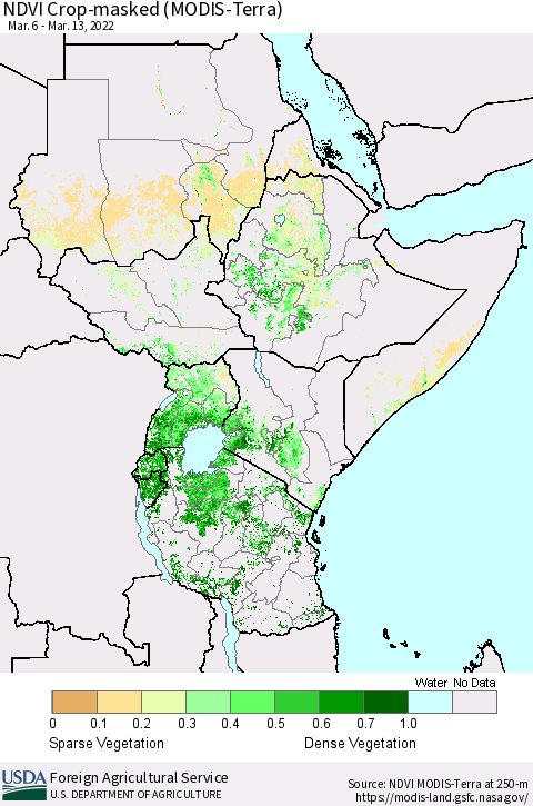 Eastern Africa Cropland NDVI (Terra-MODIS) Thematic Map For 3/11/2022 - 3/20/2022