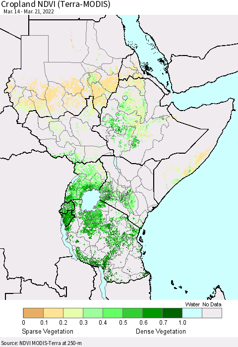 Eastern Africa Cropland NDVI (Terra-MODIS) Thematic Map For 3/14/2022 - 3/21/2022