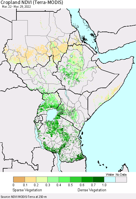 Eastern Africa Cropland NDVI (Terra-MODIS) Thematic Map For 3/22/2022 - 3/29/2022