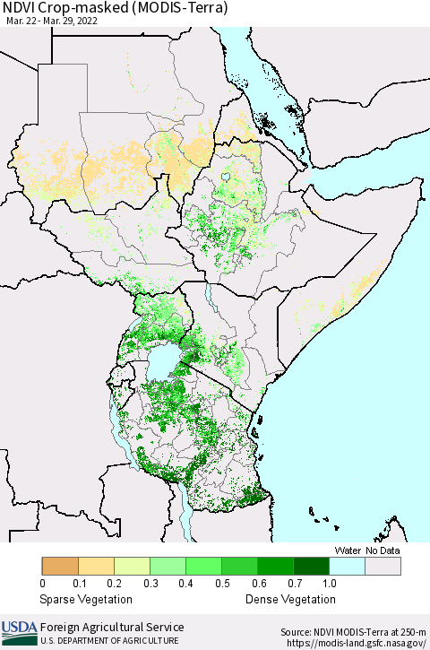 Eastern Africa Cropland NDVI (Terra-MODIS) Thematic Map For 3/21/2022 - 3/31/2022
