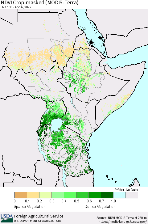 Eastern Africa Cropland NDVI (Terra-MODIS) Thematic Map For 4/1/2022 - 4/10/2022