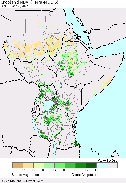 Eastern Africa Cropland NDVI (Terra-MODIS) Thematic Map For 4/15/2022 - 4/22/2022
