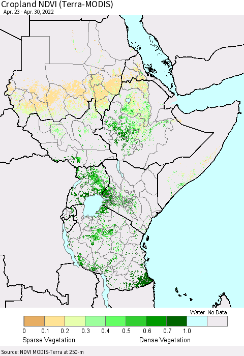 Eastern Africa Cropland NDVI (Terra-MODIS) Thematic Map For 4/21/2022 - 4/30/2022