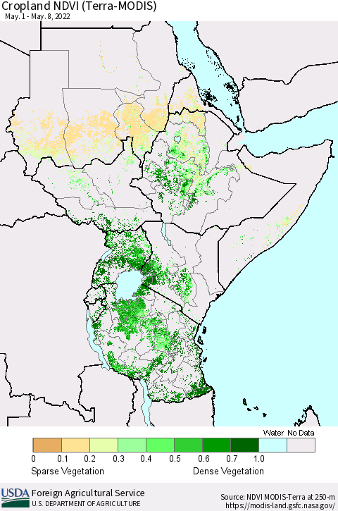 Eastern Africa Cropland NDVI (Terra-MODIS) Thematic Map For 5/1/2022 - 5/10/2022