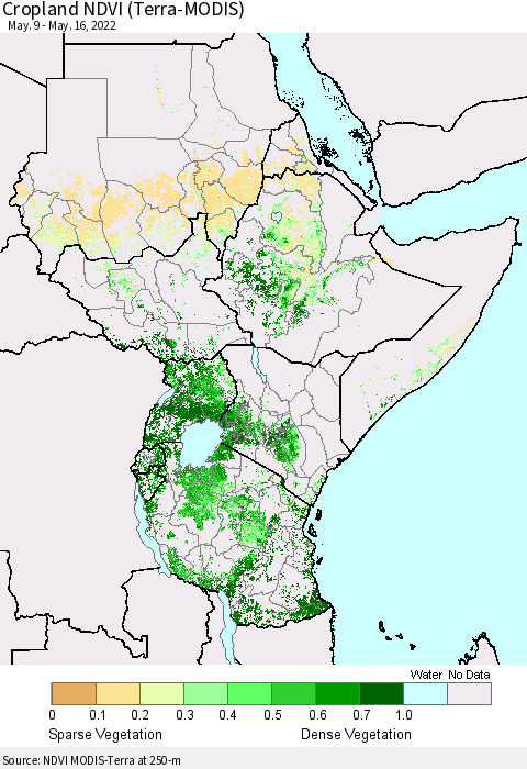 Eastern Africa Cropland NDVI (Terra-MODIS) Thematic Map For 5/9/2022 - 5/16/2022