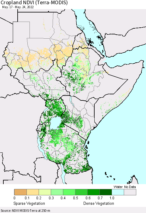 Eastern Africa Cropland NDVI (Terra-MODIS) Thematic Map For 5/17/2022 - 5/24/2022
