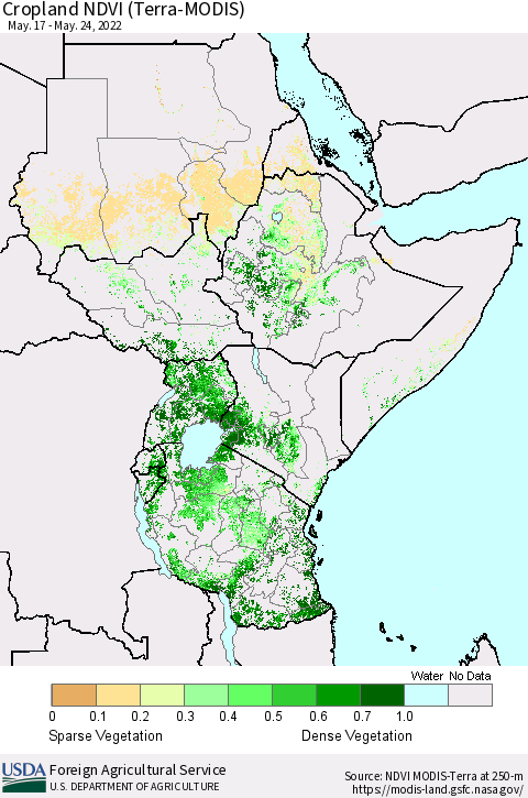 Eastern Africa Cropland NDVI (Terra-MODIS) Thematic Map For 5/21/2022 - 5/31/2022