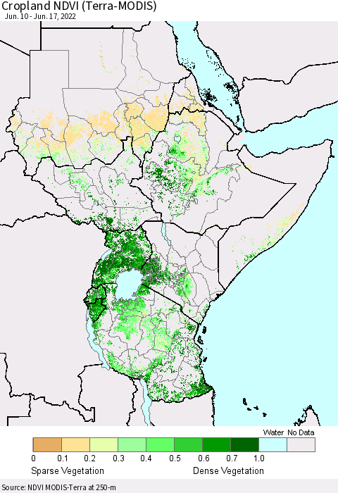 Eastern Africa Cropland NDVI (Terra-MODIS) Thematic Map For 6/10/2022 - 6/17/2022