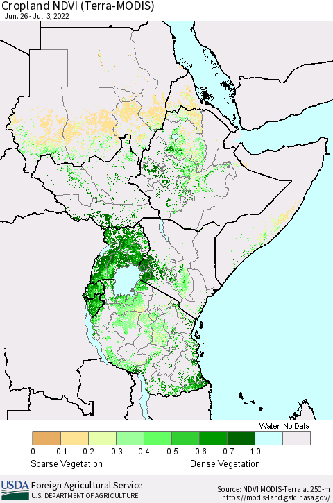 Eastern Africa Cropland NDVI (Terra-MODIS) Thematic Map For 7/1/2022 - 7/10/2022