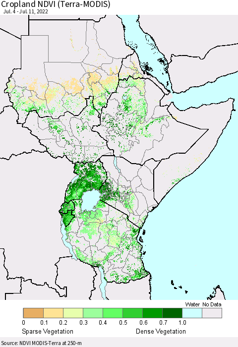Eastern Africa Cropland NDVI (Terra-MODIS) Thematic Map For 7/4/2022 - 7/11/2022
