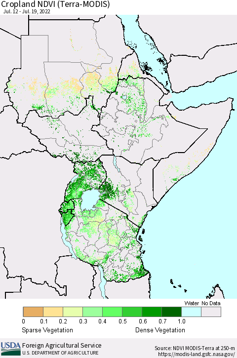 Eastern Africa Cropland NDVI (Terra-MODIS) Thematic Map For 7/11/2022 - 7/20/2022
