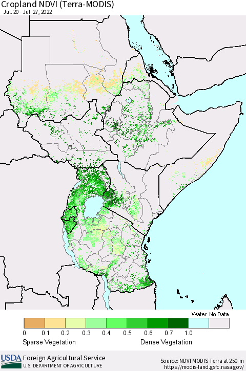 Eastern Africa Cropland NDVI (Terra-MODIS) Thematic Map For 7/21/2022 - 7/31/2022