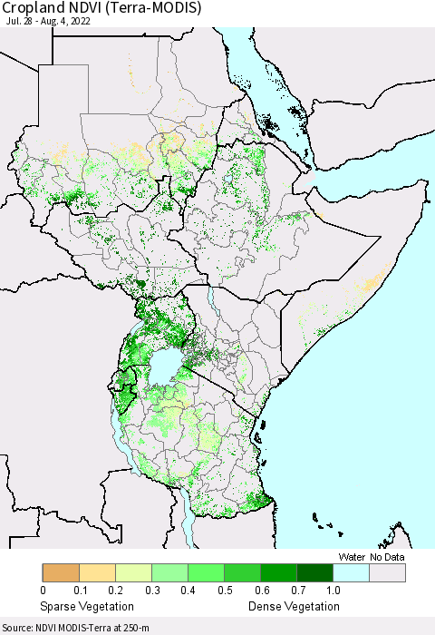 Eastern Africa Cropland NDVI (Terra-MODIS) Thematic Map For 7/28/2022 - 8/4/2022