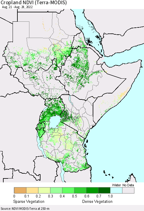 Eastern Africa Cropland NDVI (Terra-MODIS) Thematic Map For 8/21/2022 - 8/28/2022