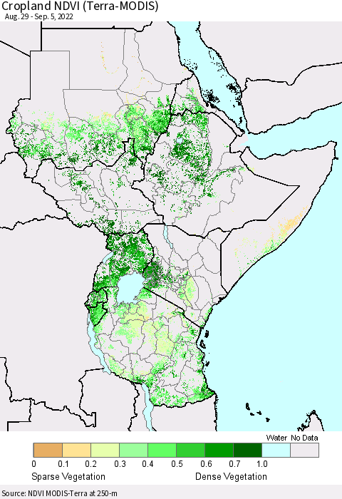 Eastern Africa Cropland NDVI (Terra-MODIS) Thematic Map For 8/29/2022 - 9/5/2022