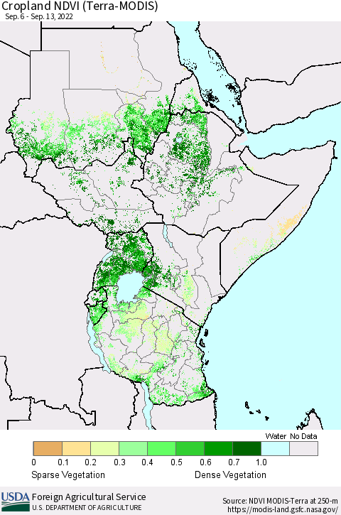 Eastern Africa Cropland NDVI (Terra-MODIS) Thematic Map For 9/11/2022 - 9/20/2022