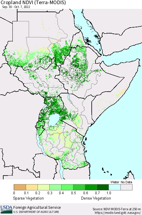 Eastern Africa Cropland NDVI (Terra-MODIS) Thematic Map For 10/1/2022 - 10/10/2022