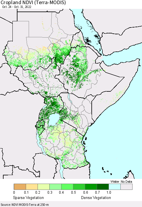 Eastern Africa Cropland NDVI (Terra-MODIS) Thematic Map For 10/21/2022 - 10/31/2022