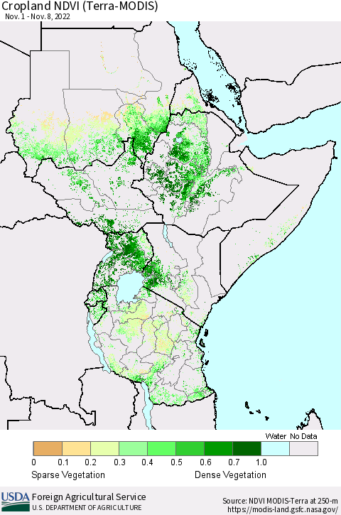 Eastern Africa Cropland NDVI (Terra-MODIS) Thematic Map For 11/1/2022 - 11/10/2022