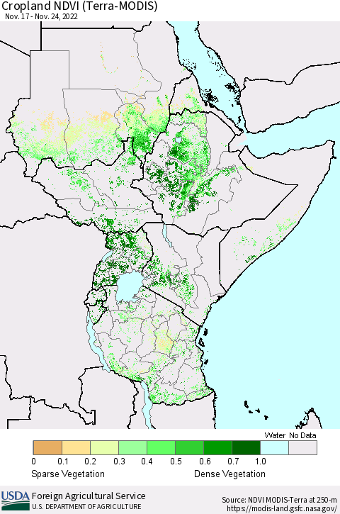 Eastern Africa Cropland NDVI (Terra-MODIS) Thematic Map For 11/21/2022 - 11/30/2022