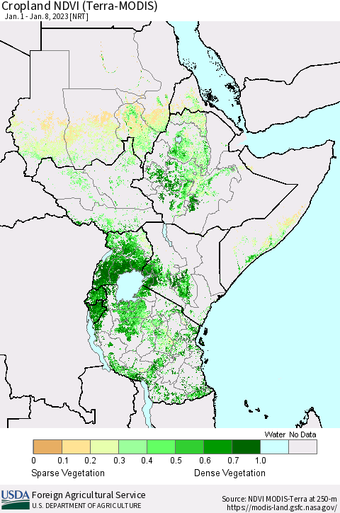 Eastern Africa Cropland NDVI (Terra-MODIS) Thematic Map For 1/1/2023 - 1/10/2023