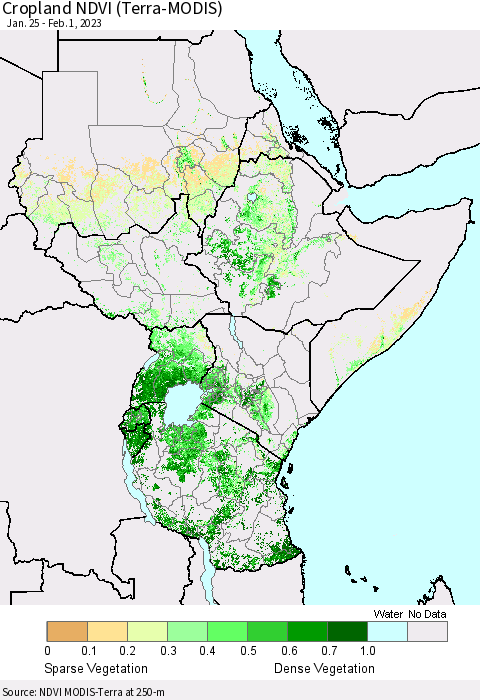 Eastern Africa Cropland NDVI (Terra-MODIS) Thematic Map For 1/25/2023 - 2/1/2023