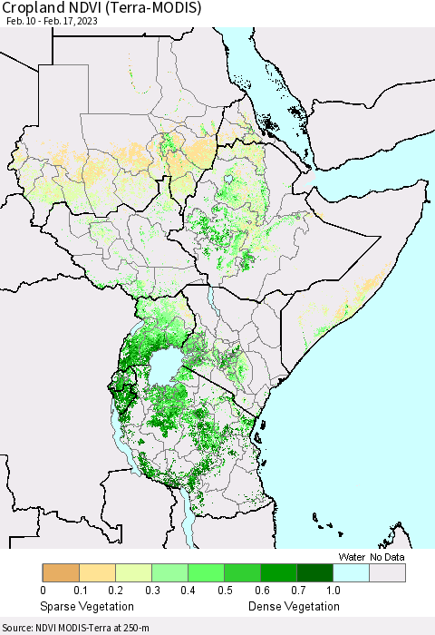 Eastern Africa Cropland NDVI (Terra-MODIS) Thematic Map For 2/10/2023 - 2/17/2023
