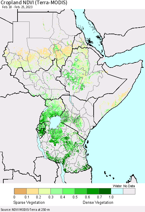 Eastern Africa Cropland NDVI (Terra-MODIS) Thematic Map For 2/18/2023 - 2/25/2023