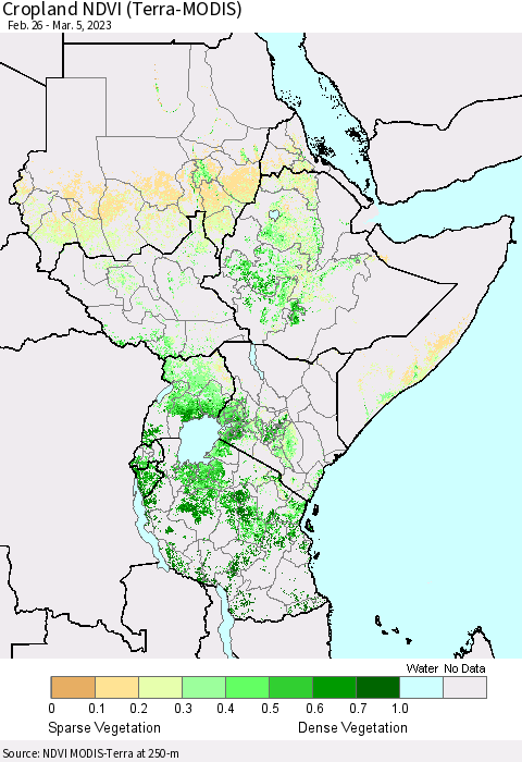Eastern Africa Cropland NDVI (Terra-MODIS) Thematic Map For 2/26/2023 - 3/5/2023