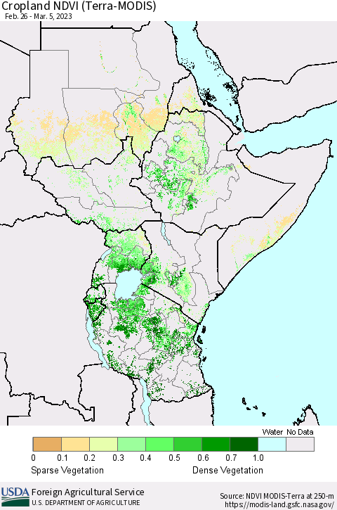 Eastern Africa Cropland NDVI (Terra-MODIS) Thematic Map For 3/1/2023 - 3/10/2023