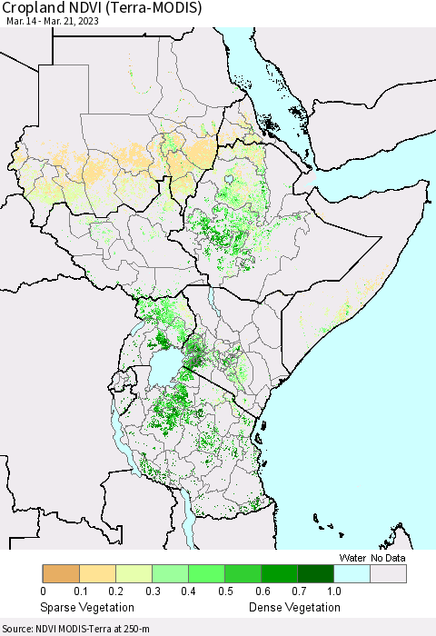 Eastern Africa Cropland NDVI (Terra-MODIS) Thematic Map For 3/14/2023 - 3/21/2023