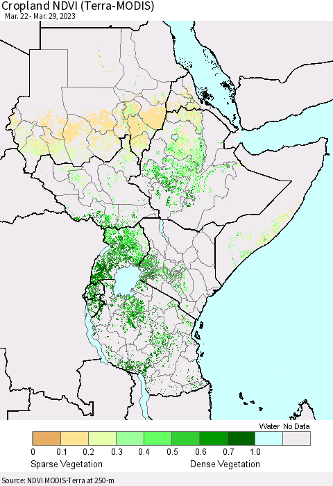Eastern Africa Cropland NDVI (Terra-MODIS) Thematic Map For 3/22/2023 - 3/29/2023