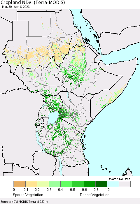 Eastern Africa Cropland NDVI (Terra-MODIS) Thematic Map For 3/30/2023 - 4/6/2023